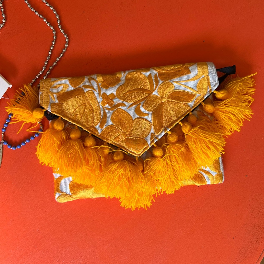 Yellow Embroidered convertible Clutch with Tassels NWOT